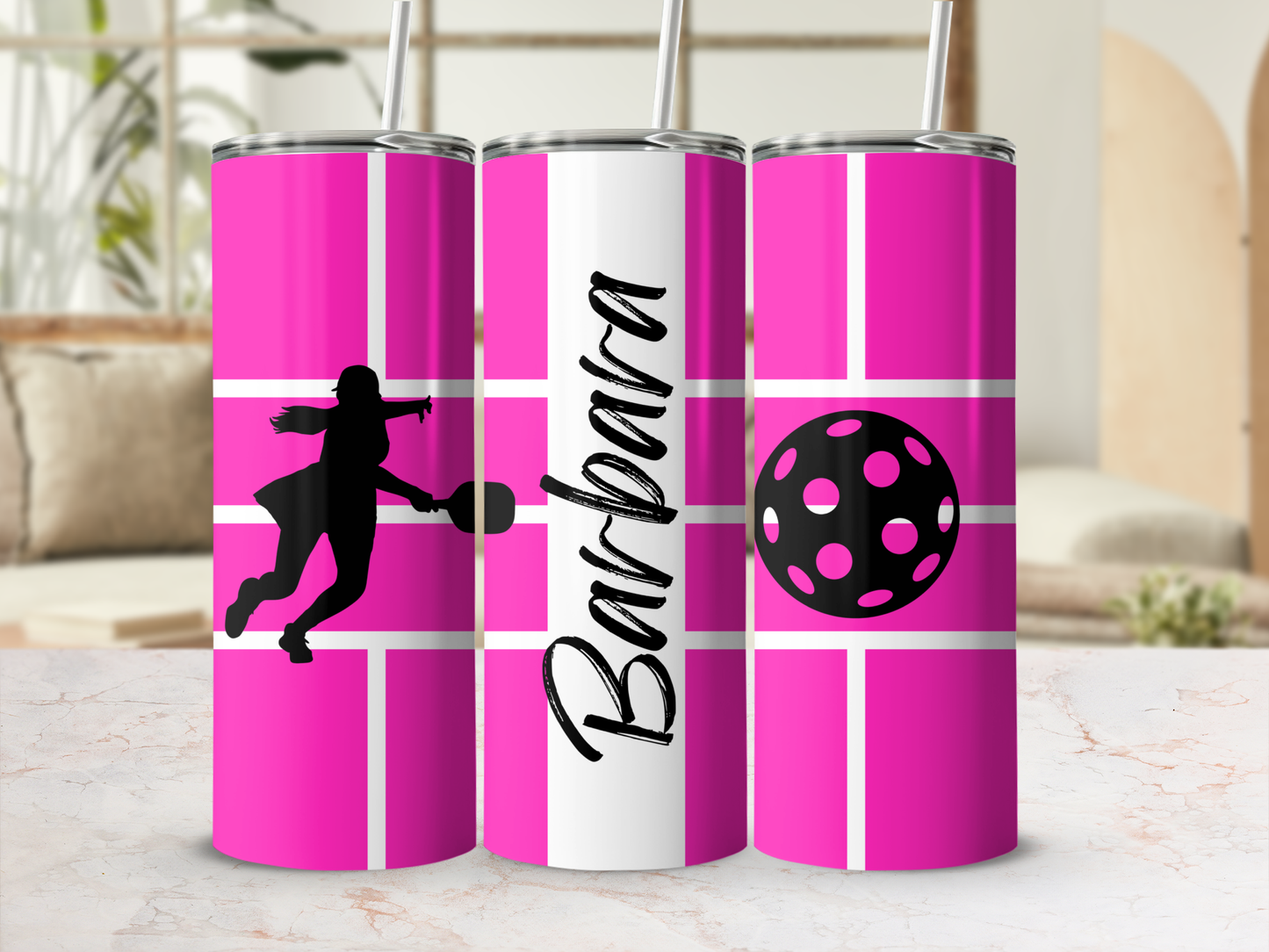 Personalized Pickleball 20oz Pink and Black Hot and Cold Drinks Tumbler Christmas Birthday Holiday Unique Seamless Gift Pickleball Court