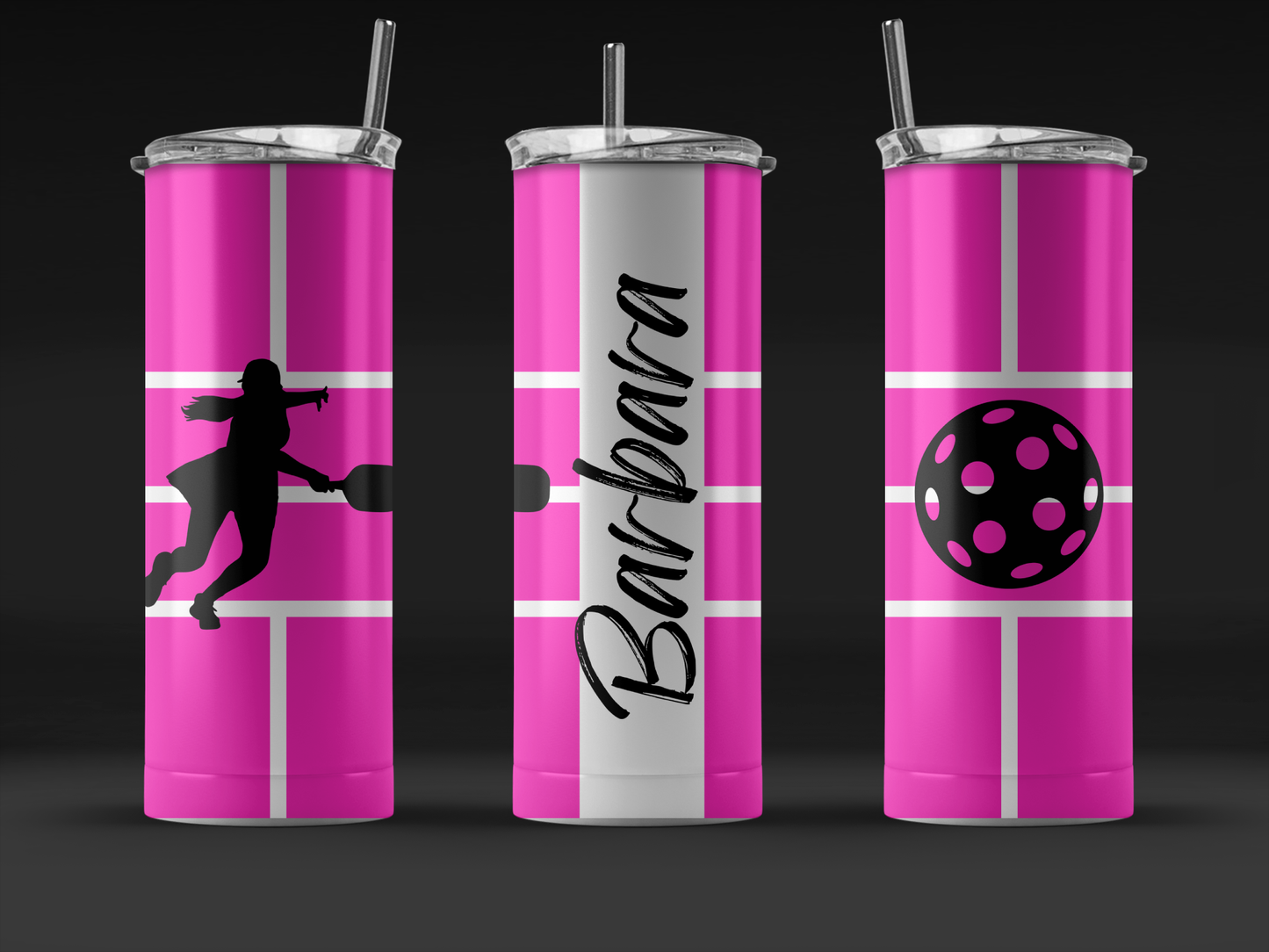 Personalized Pickleball 20oz Pink and Black Hot and Cold Drinks Tumbler Christmas Birthday Holiday Unique Seamless Gift Pickleball Court