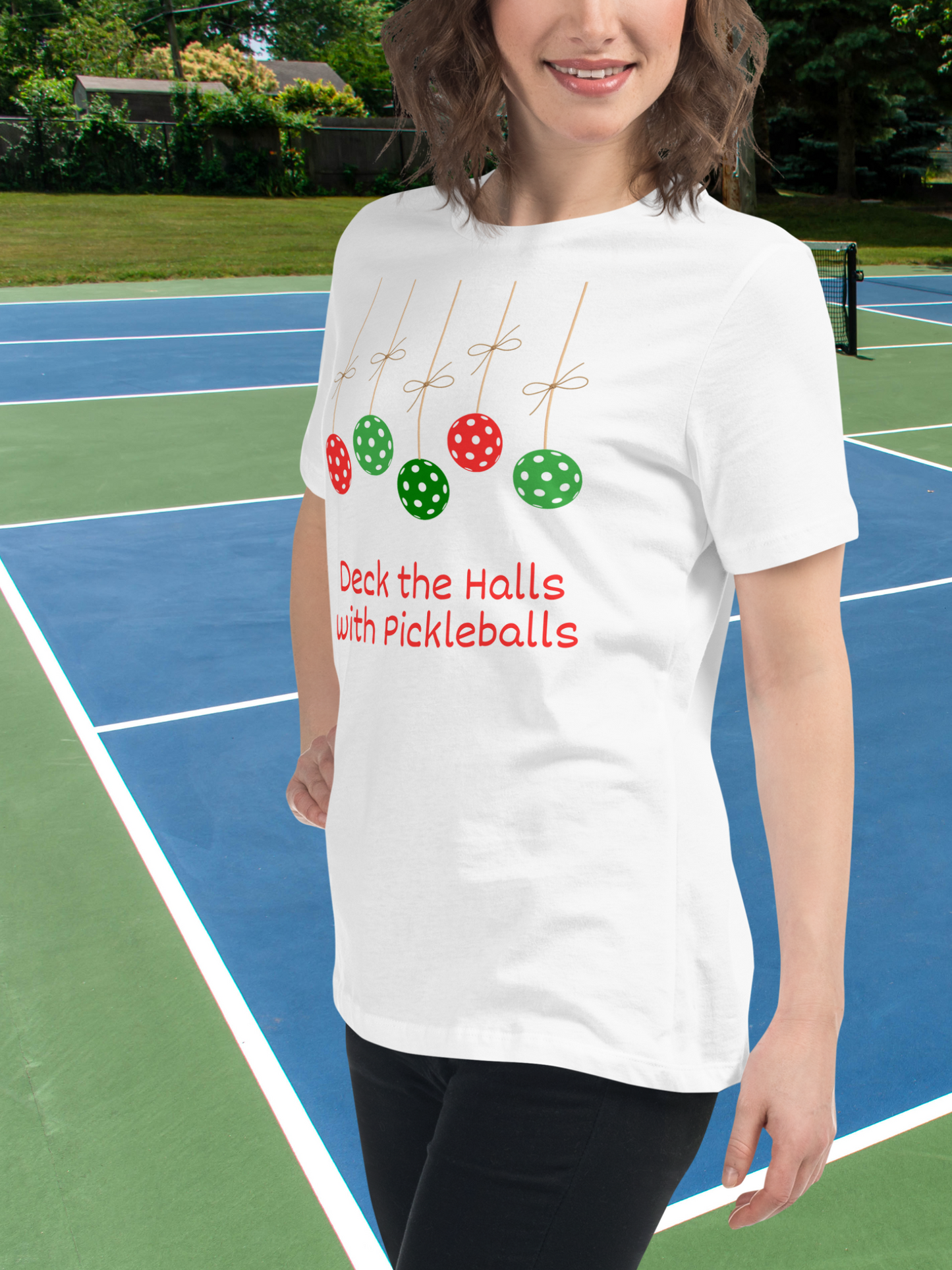Deck the Halls with Pickleballs Holiday Tee Shirt for Women