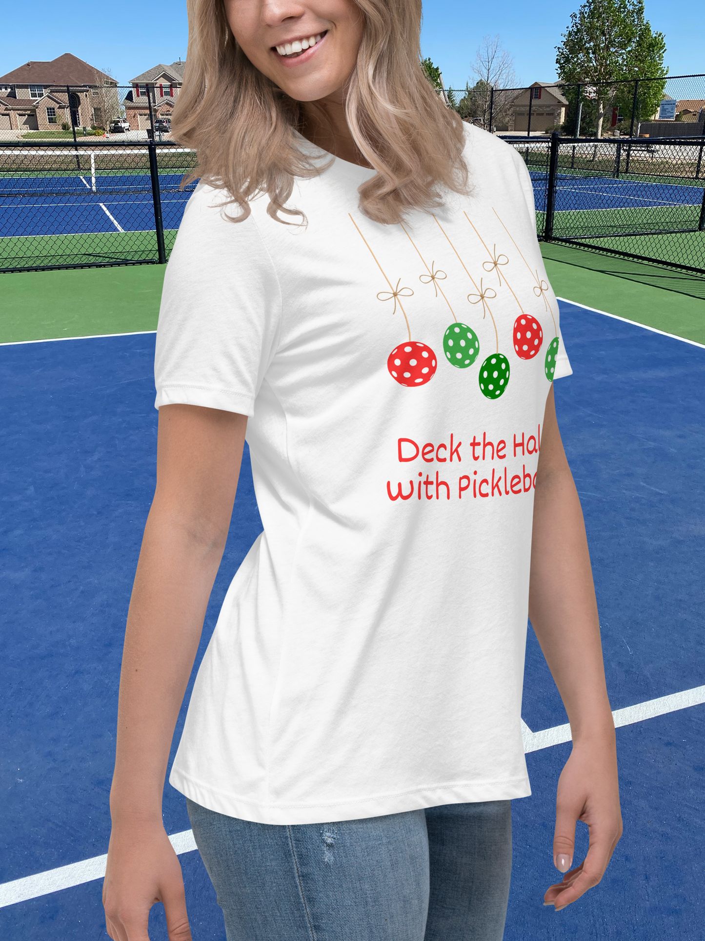 Deck the Halls with Pickleballs Holiday Tee Shirt for Women