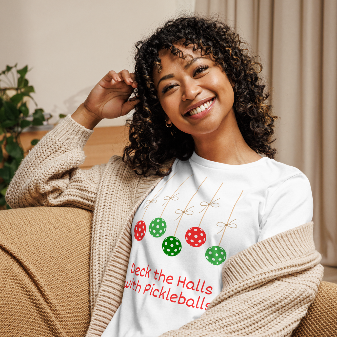 Deck the Halls with Pickleballs Holiday Tee Shirt for Women