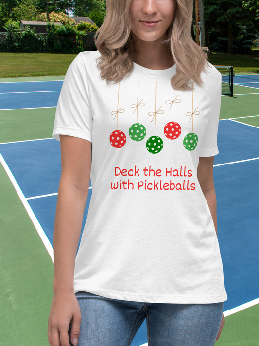 Deck the Halls with Pickleballs Holiday Tee Shirt for Women